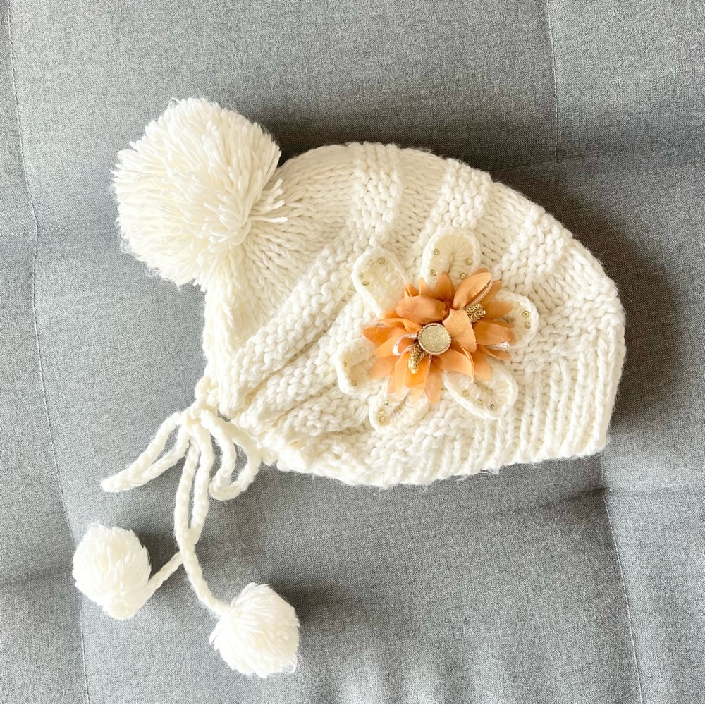 Adjustable Pom Pom Winter Knit Hat with Flower